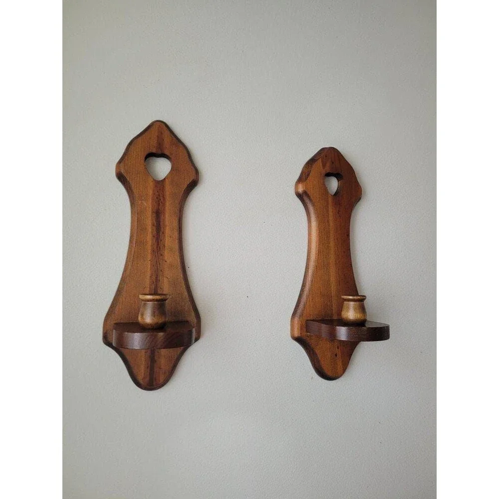 Vintage Heart Wood Wall Candle Sconce Set of 2 1980s